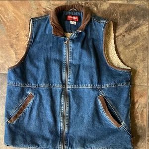 Wrangler Hero lined blue denim vest with brown corduroy trim